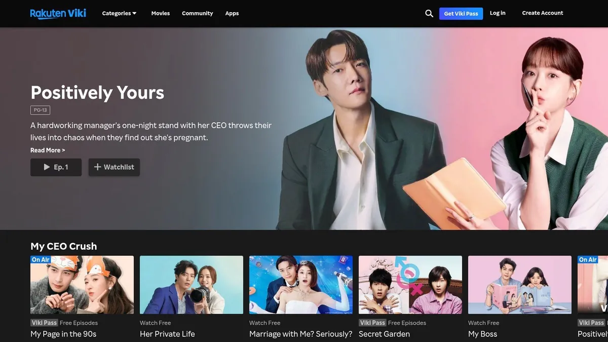Rakuten Viki homepage showing Korean and Chinese dramas