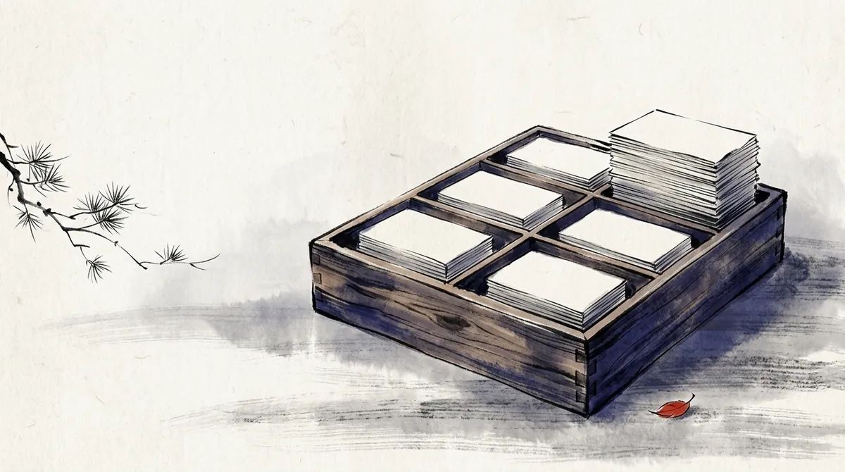 Ink-wash illustration of a wooden box of sorted paper cards