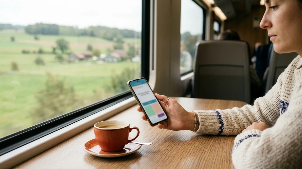 A woman reviewing flashcards on an Android phone at a train table by the window