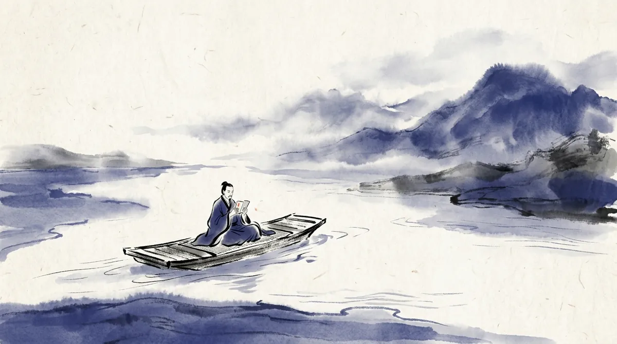 Ink-wash painting of a figure reading cards on a small boat crossing a river
