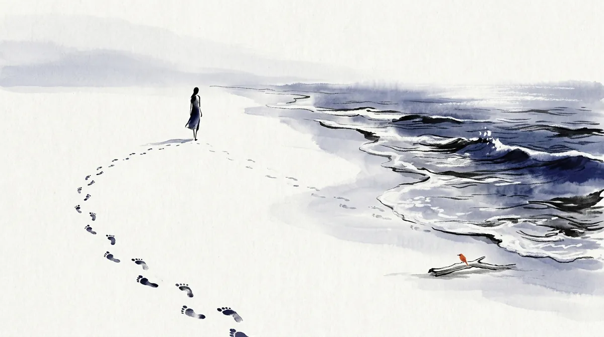 Ink-wash painting of footprints fading on a beach as the tide washes in
