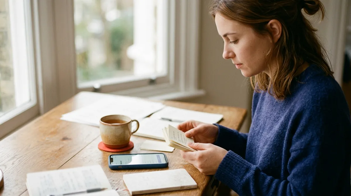 A woman reviewing paper flashcards at a desk with her phone and a cup of tea