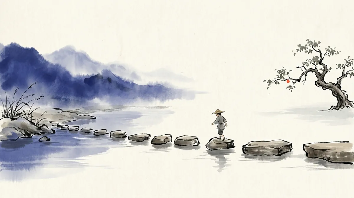 Ink-wash painting of stepping stones with gaps growing wider across a stream