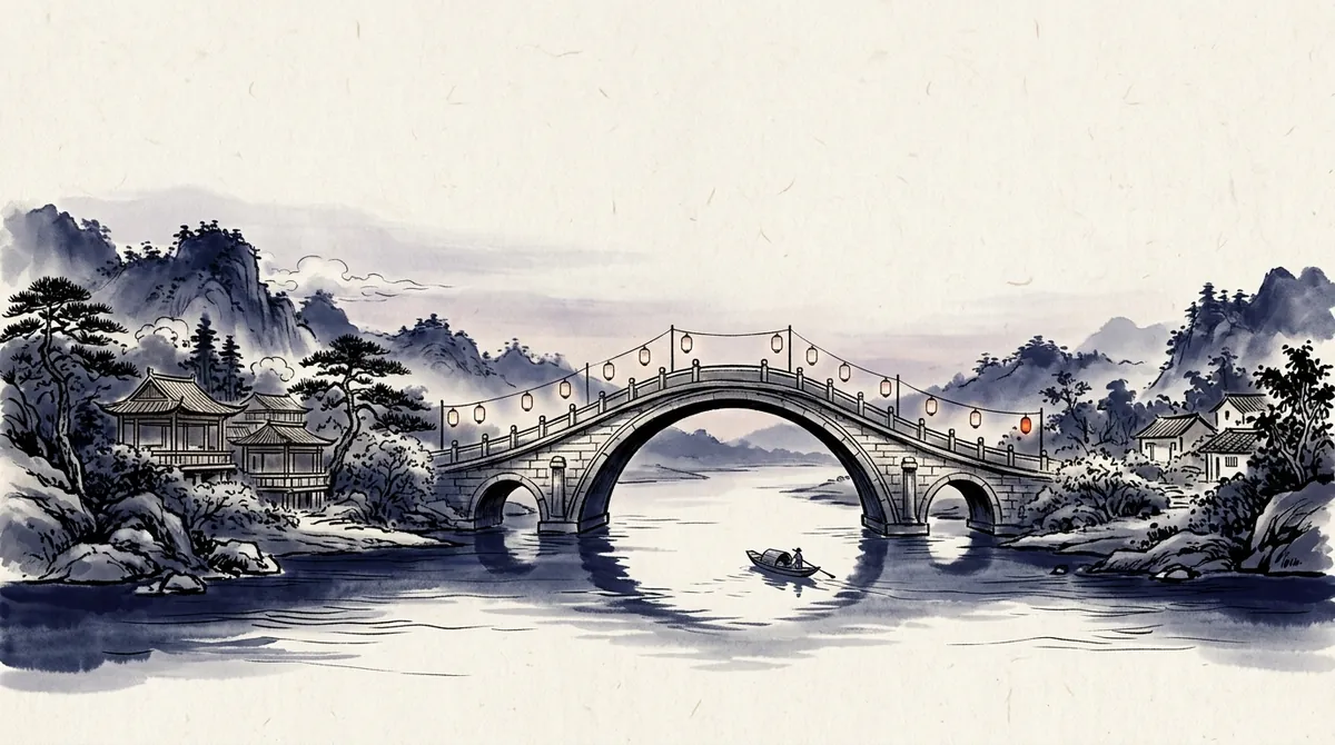 Ink-wash painting of an arched stone bridge lined with lanterns over a calm river