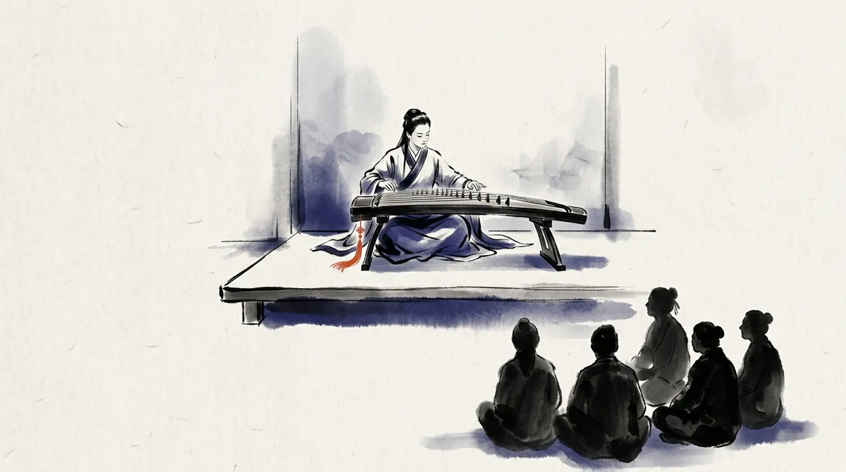 Ink-wash illustration of a performer playing a guzheng on stage for a small audience