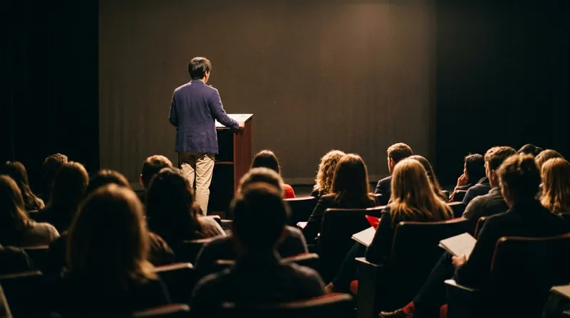 A student giving a speech at a lectern on a stage, seen from the back of the audience
