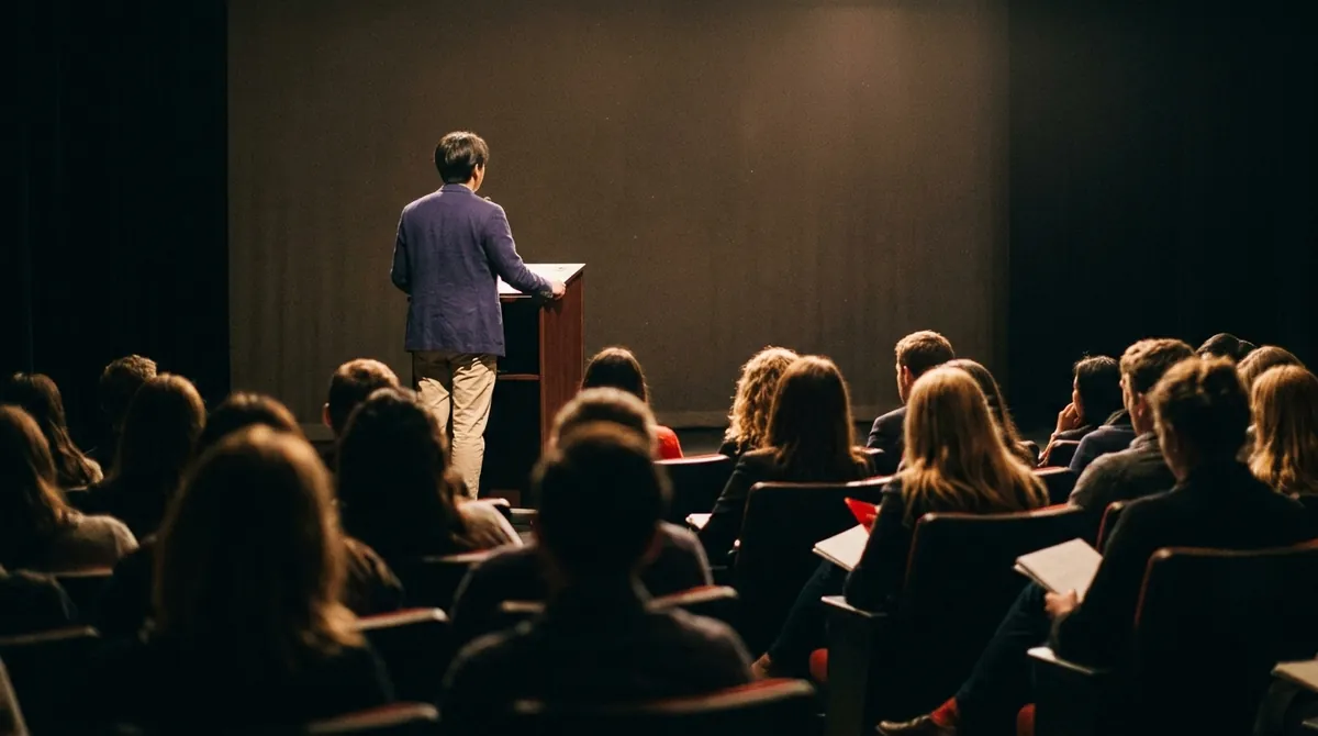 A student giving a speech at a lectern on a stage, seen from the back of the audience