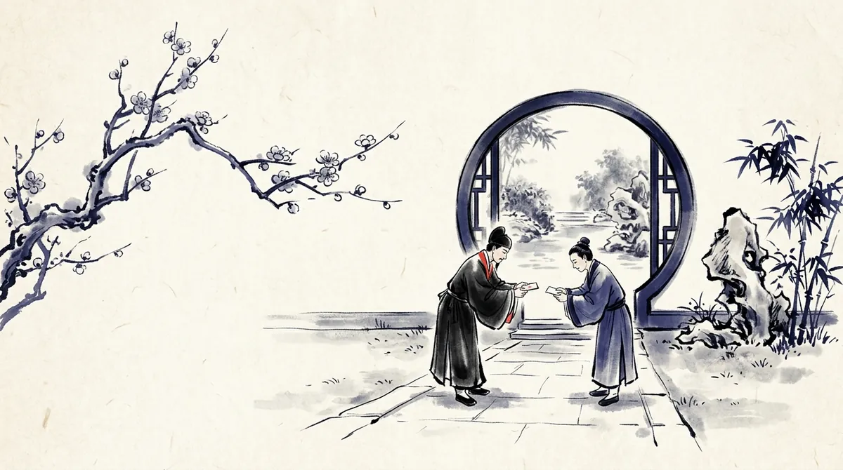 Ink-wash painting of two people exchanging cards with both hands at a moon gate
