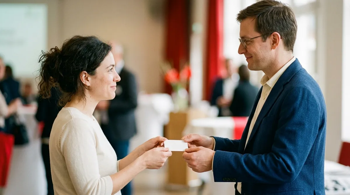 Two people exchanging a business card with both hands at a networking event