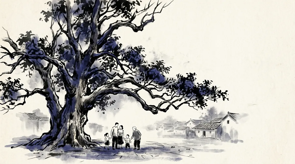 Ink-wash painting of a family standing beneath a great old tree in a village