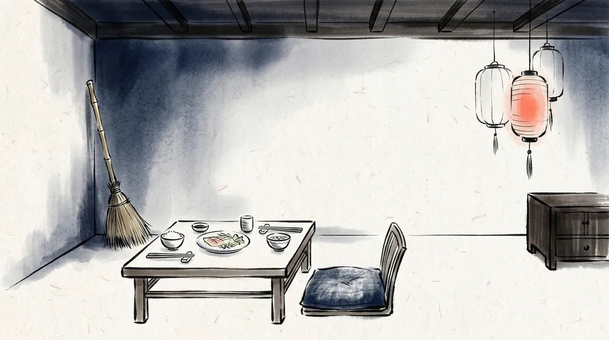 Ink-wash painting of a broom resting unused in the corner of a room hung with red lanterns