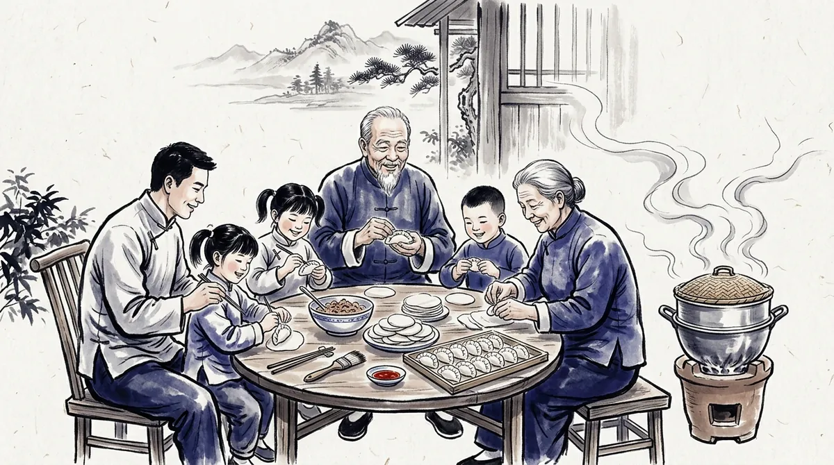 Ink-wash illustration of three generations of a family making dumplings around a table