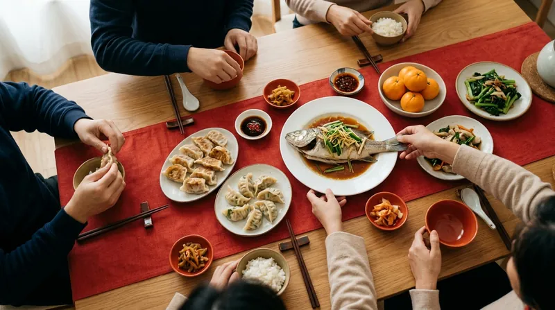 A family reunion dinner table with dumplings, a steamed fish and mandarin oranges on a red runner