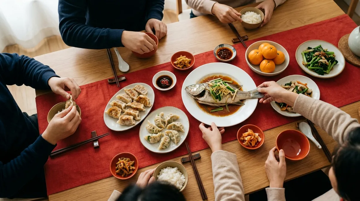 A family reunion dinner table with dumplings, a steamed fish and mandarin oranges on a red runner