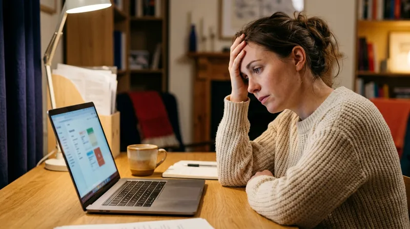 A learner resting her head in her hand, looking wearily at a long list of flashcards on her laptop
