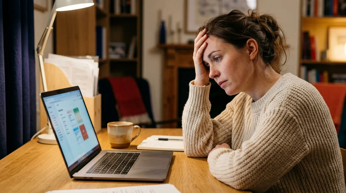 A learner resting her head in her hand, looking wearily at a long list of flashcards on her laptop