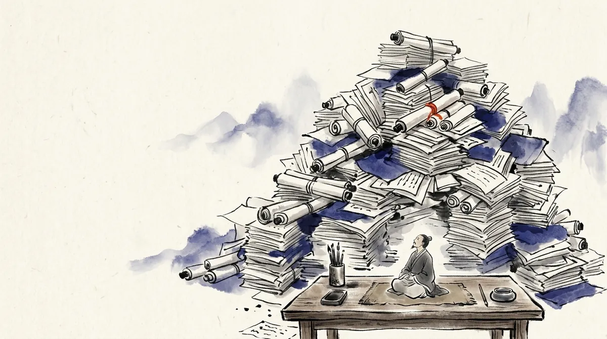 Ink-wash illustration of a small figure at a desk beneath a mountain of paper cards and scrolls