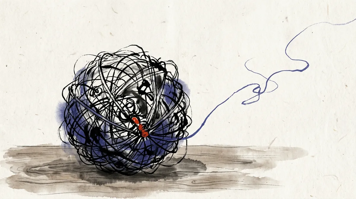 Ink-wash illustration of a tangled ball of thread with one loose end